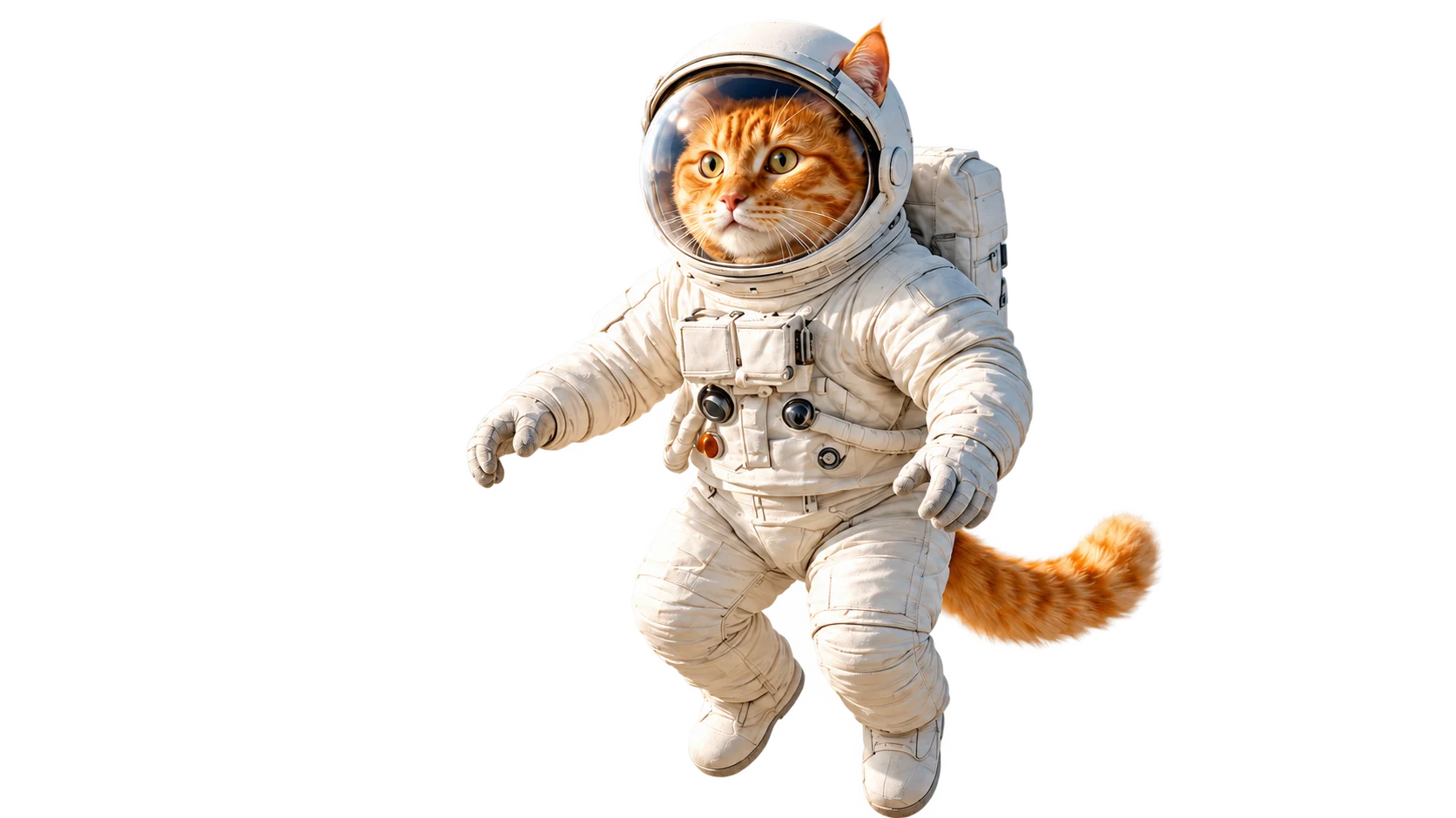 Chat roux en combinaison d’astronaute flottant dans un ciel lumineux