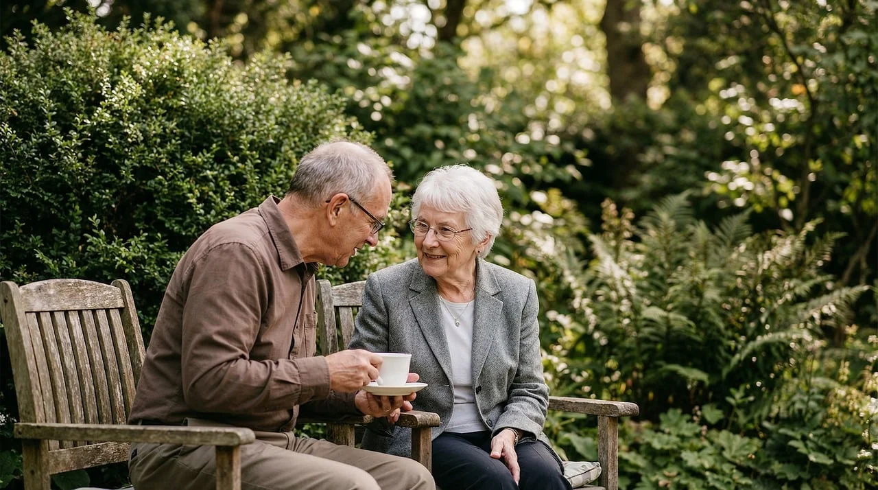 Mutuelle Sante Senior : elderly, couple, garden, conversation, outdoors, companionship, retirement, peaceful, teacup, sitting, nature, leisure, seniors, connection, smiling, friendship, tranquility, afternoon, lifestyle, interaction, ai generated