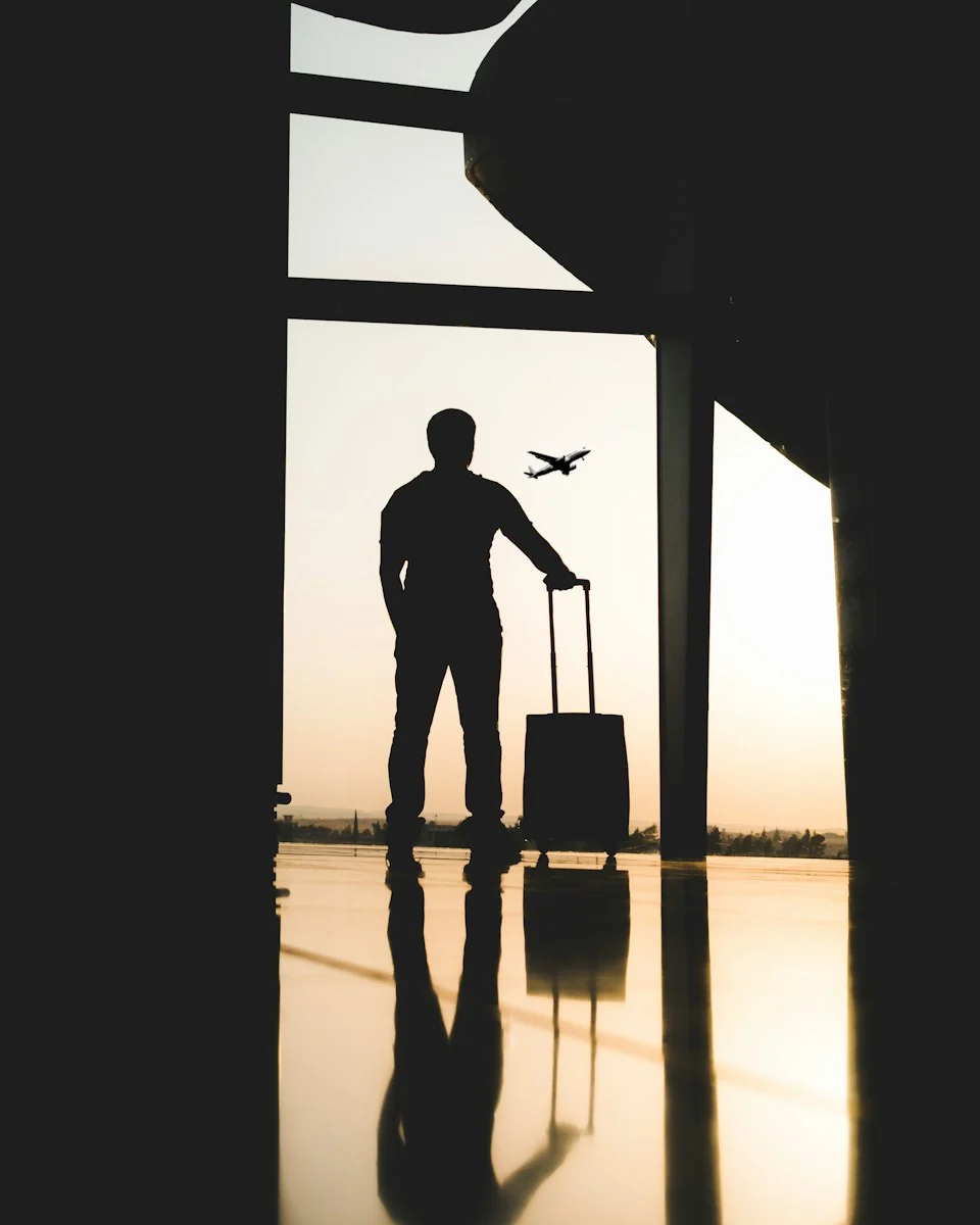 Expatrie : silhouette of man holding luggage inside airport