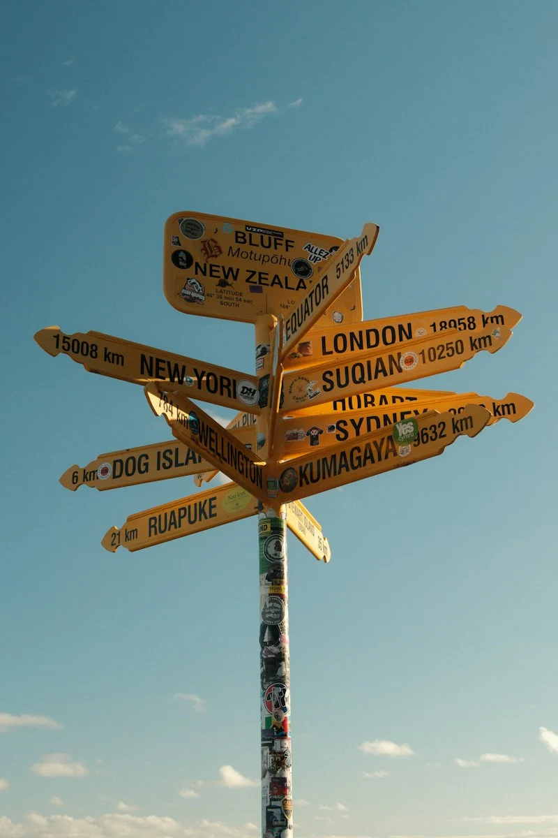 Expatrie : Yellow directional signpost with global destinations and local destinations