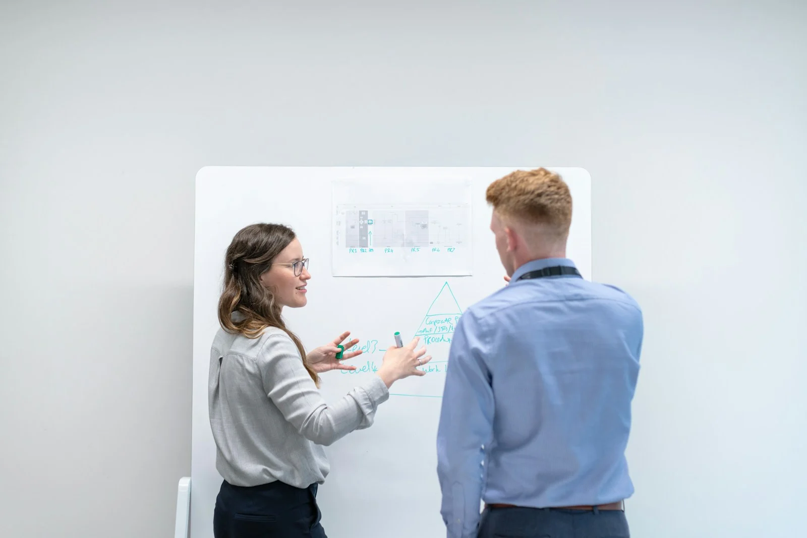 Mutuelle Entreprise Collective : two colleagues discussing ideas at whiteboard