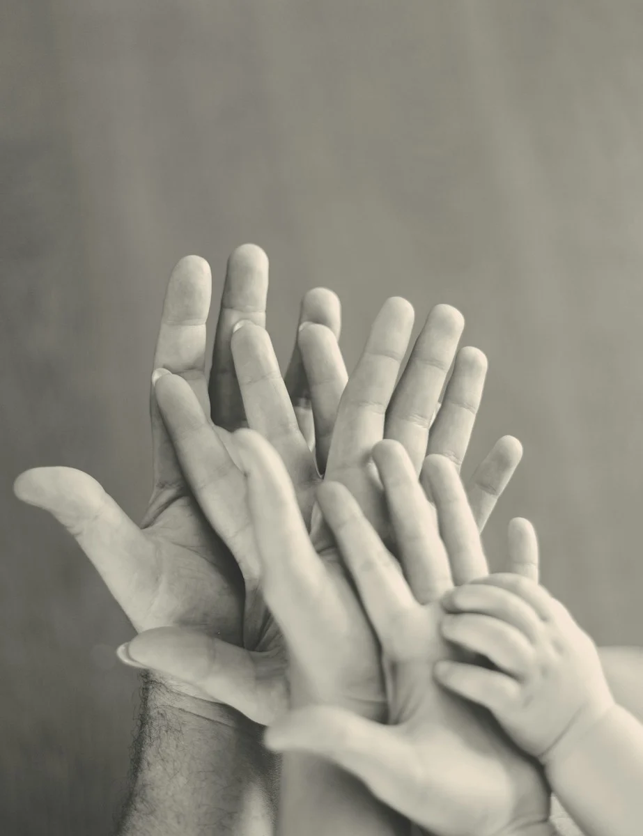 Family grayscale photo of family's hands