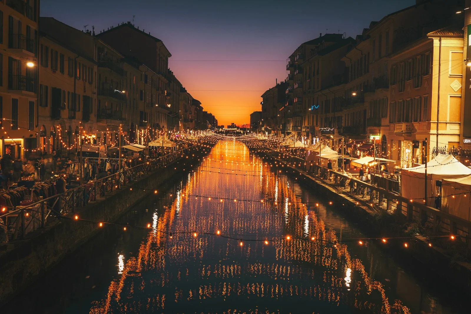 Expatrie : reflective photography of string lights above river